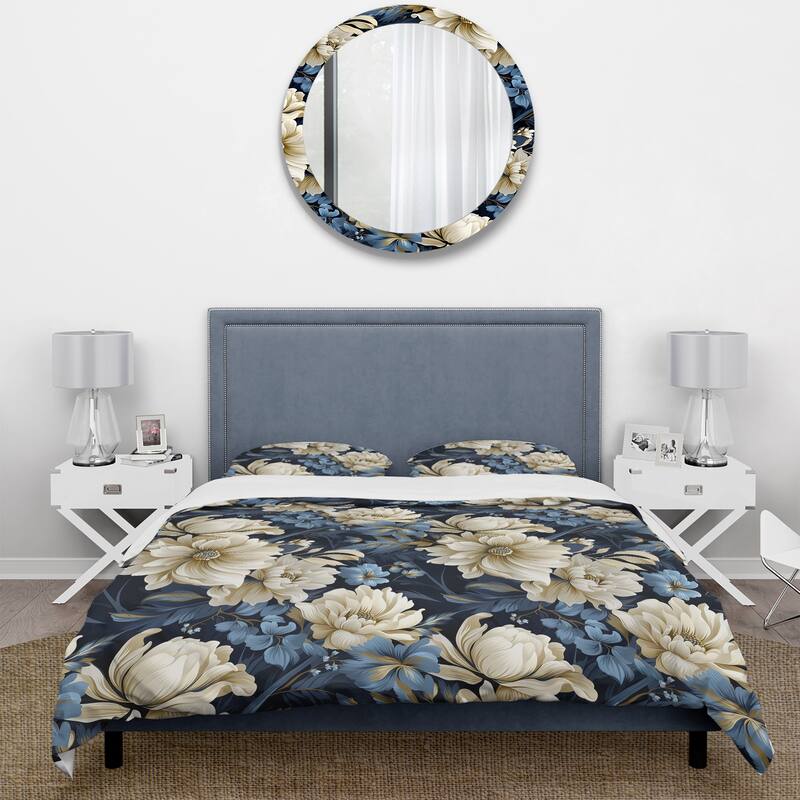 Designart "Dark Blue And White Flower Damask Breeze" Blue Damask